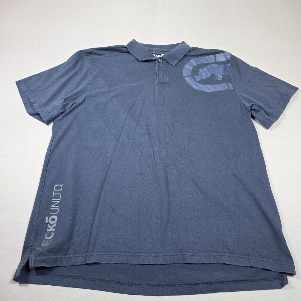 Y2K Ecko Untld Navy Polo Shirt Rhino & Spellout Logo Men's Size 2XL